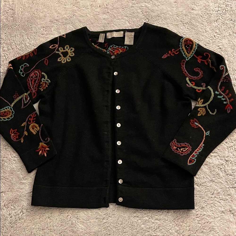 IVY  Black Cardigan with Colorful Embroidery SZ S Boho